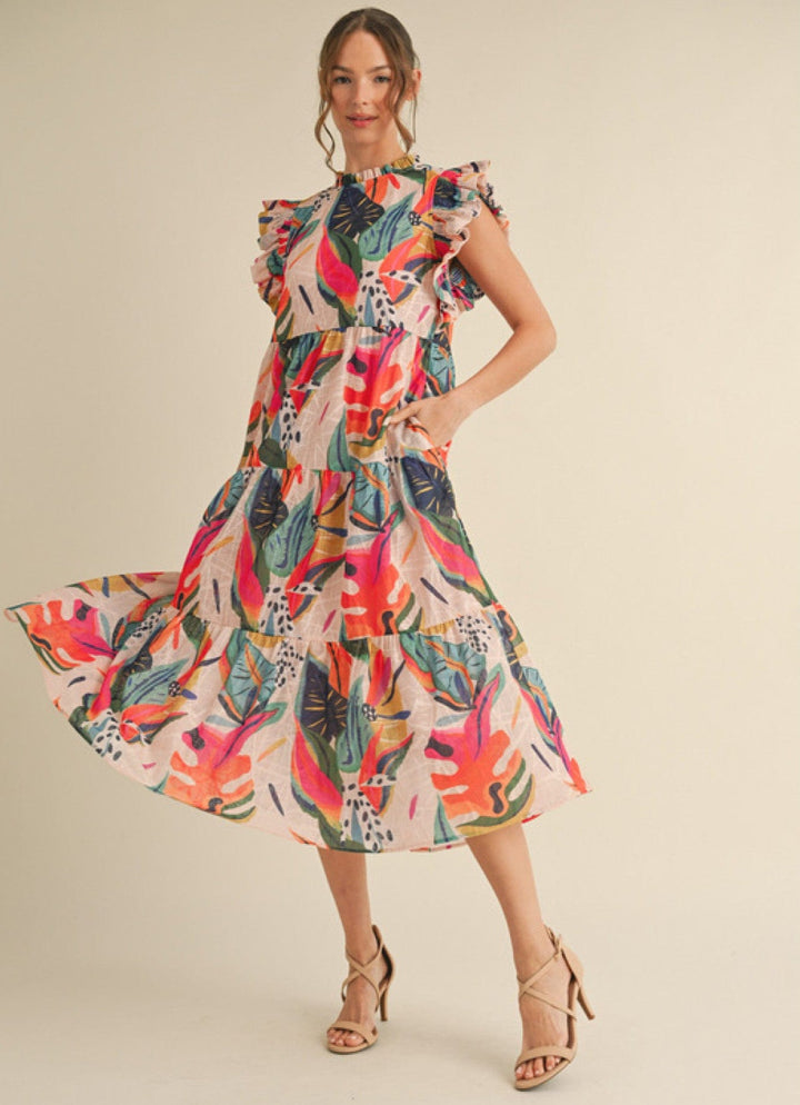 Jodifl Tropical Print Frilled Neckline and Cap Sleeve Tiered Midi Dress