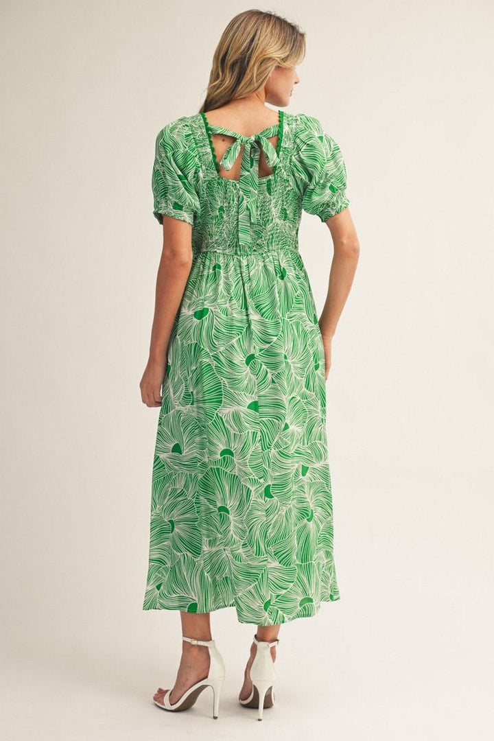 jodifl green dress Tropical Print Square Neck Short Puff Sleeve Midi Midi dress
