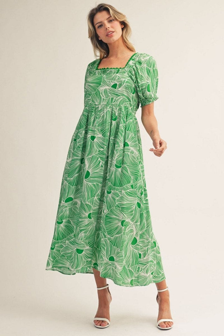 jodifl green dress Tropical Print Square Neck Short Puff Sleeve Midi DR-JD-G157581 / KELLY / M green celtic dress Color:Sparkling Grape 36.5” Sleeve Length Zephora Maxi Dress -
