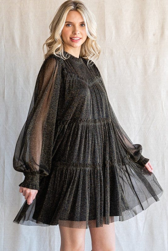 Jodifl Twinkle Mesh Dress with Long Bishop Sleeves, and Frilled Tiered Layer