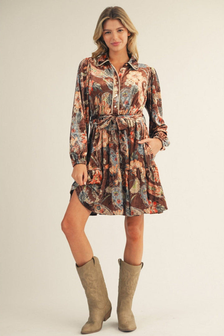 Jodifl Velvet Long Sleeve Button Down Floral Paisley Waist Tie Dress
