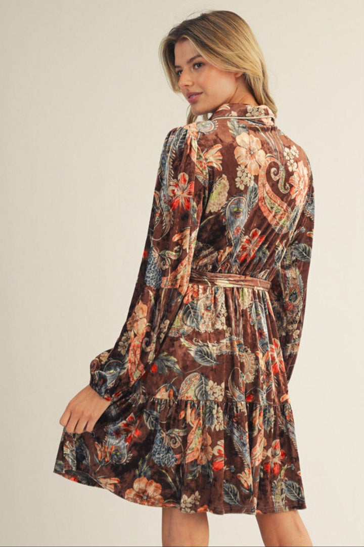 Jodifl Velvet Long Sleeve Button Down Floral Paisley Waist Tie Dress