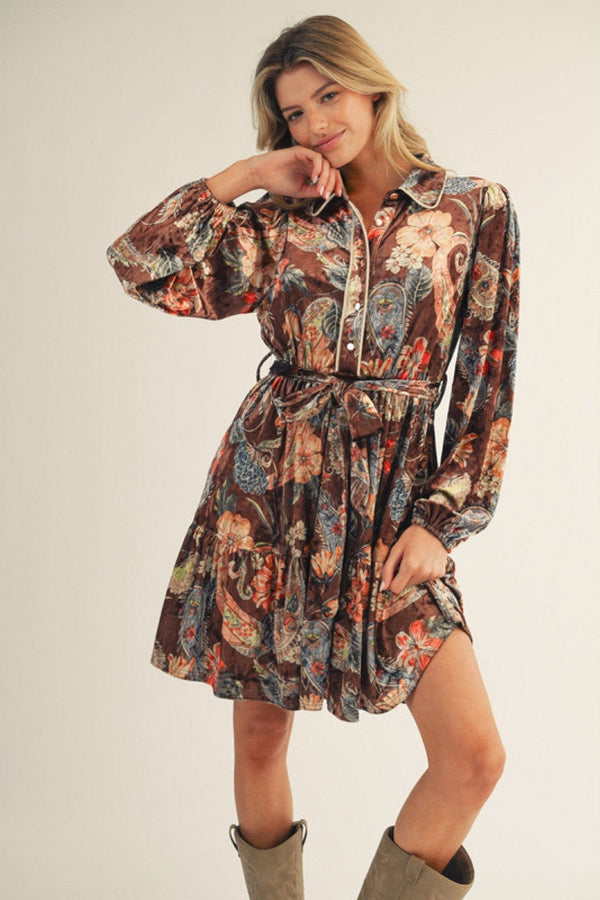 Jodifl Velvet Long Sleeve Button Down Floral Paisley Waist Tie Dress