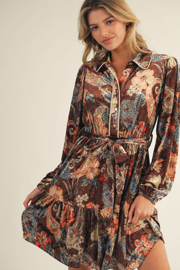 Jodifl Velvet Long Sleeve Button Down Floral Paisley Waist Tie Dress