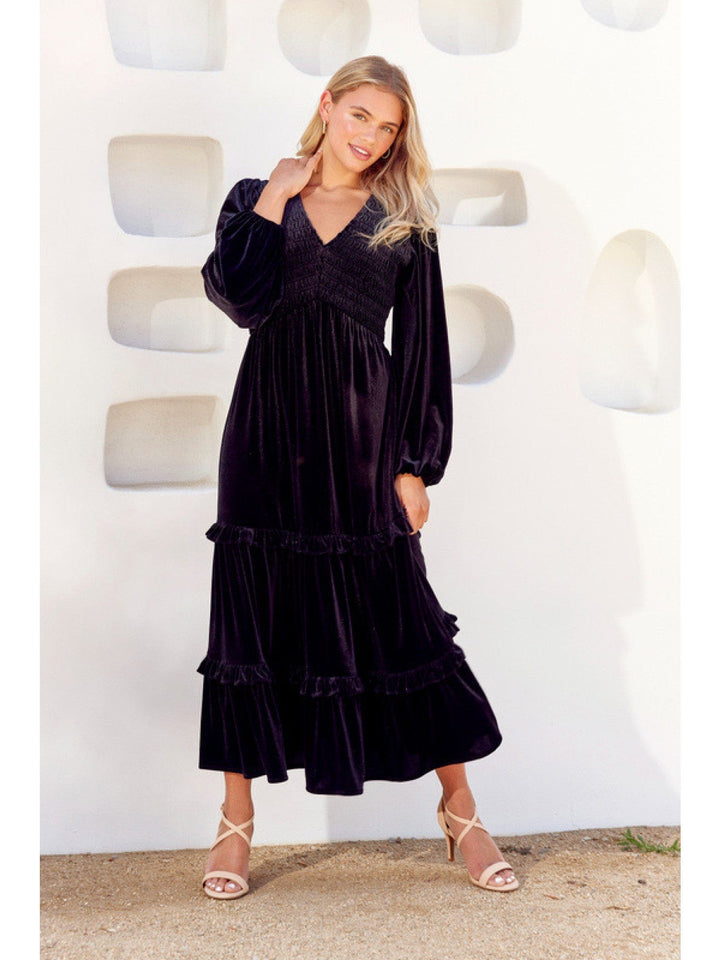 Jodifl Velvet Maxi Dress with V-Neck, Smocked Bodice, and Long Balloon Sleeves