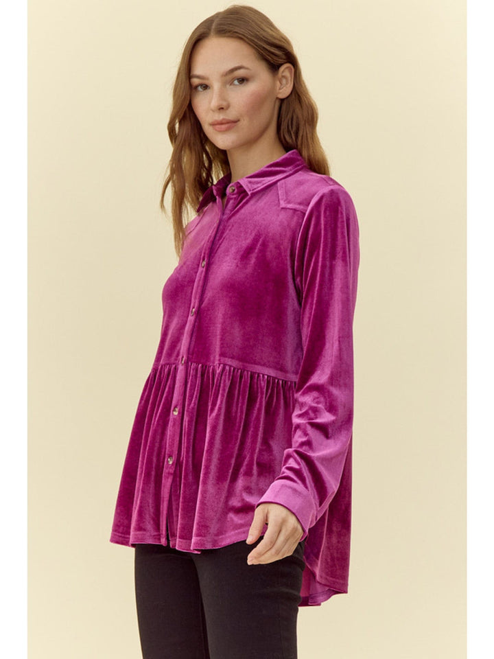 Jodifl Velvet Peplum Button Down Collared Long Sleeve Top