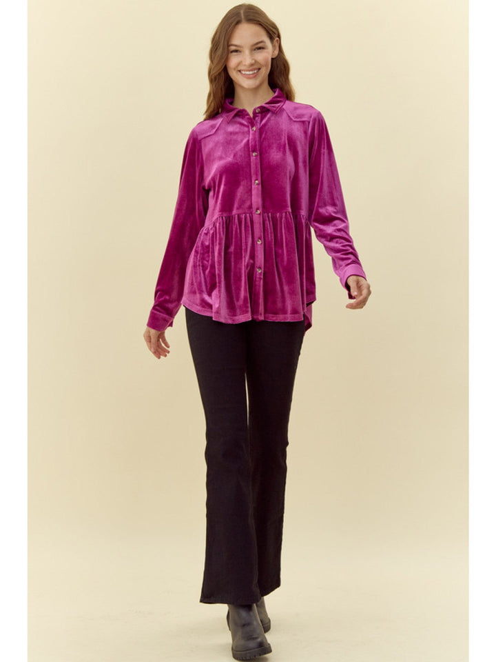 Jodifl Velvet Peplum Button Down Collared Long Sleeve Top