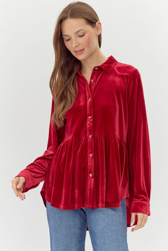 Jodifl Velvet Peplum Button Down Collared Long Sleeve Top