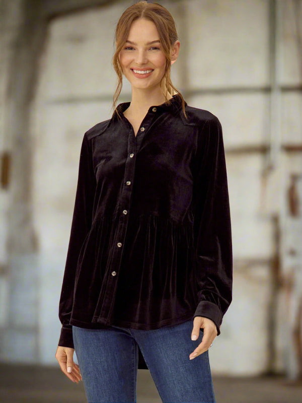 Jodifl Velvet Peplum Button Down Collared Long Sleeve Top