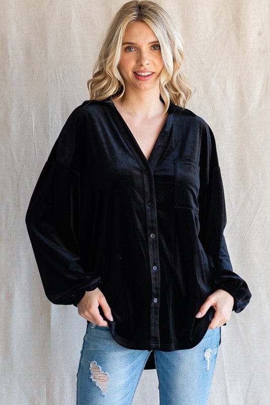 Jodifl Velvet Top with V-Neck, Drop Shoulder, and Long Bubble Sleeves