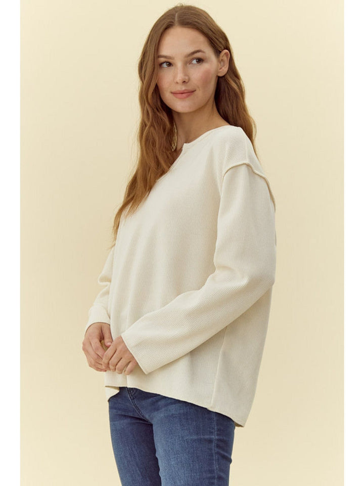 Jodifl Waffle Texture Slit Neck Drop Shoulder Knit Top