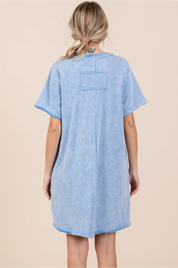 Jodifl Washed Cotton U-Neck T-Shirt Dress with Front and Side Pockets