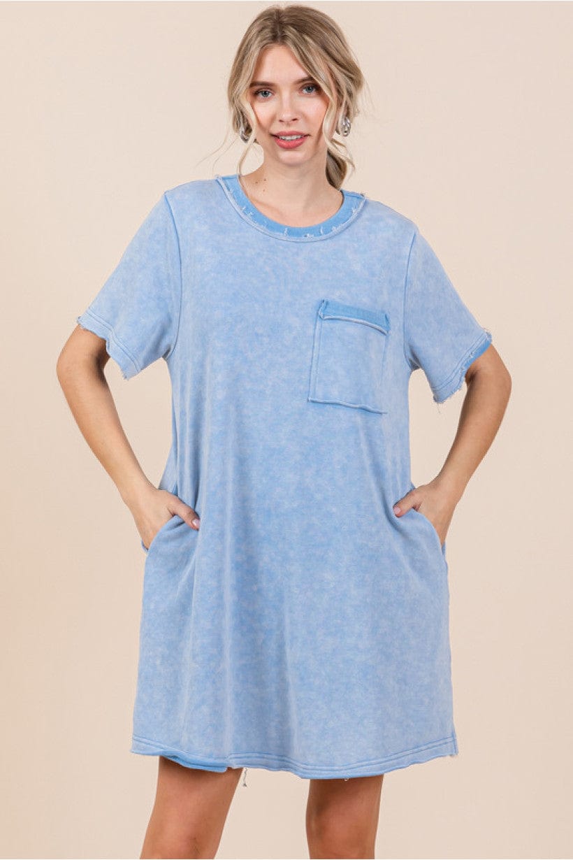 Jodifl Washed Cotton U Neck T Shirt Dress with Front and Side Pockets DR JD H40016 Denim M