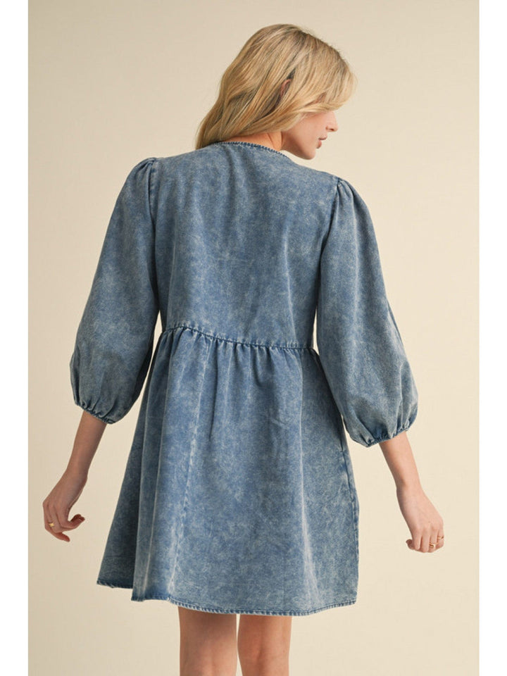 Jodifl Washed Denim Tie Bodice Three Quarter Bubble Sleeves Above Knee Dress