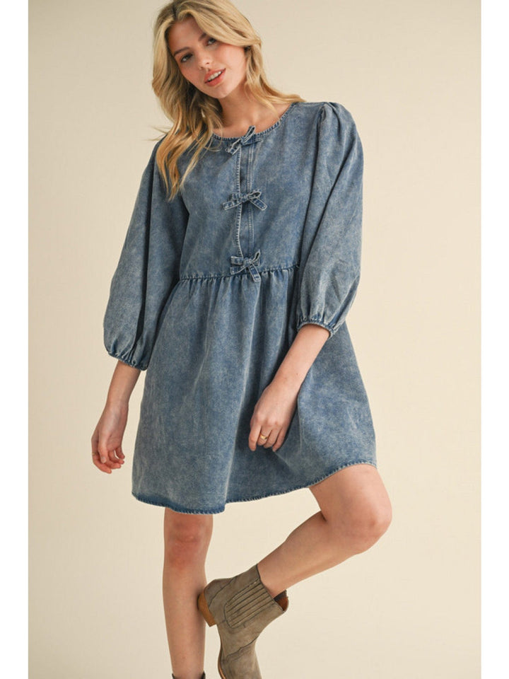Jodifl Washed Denim Tie Bodice Three Quarter Bubble Sleeves Above Knee Dress