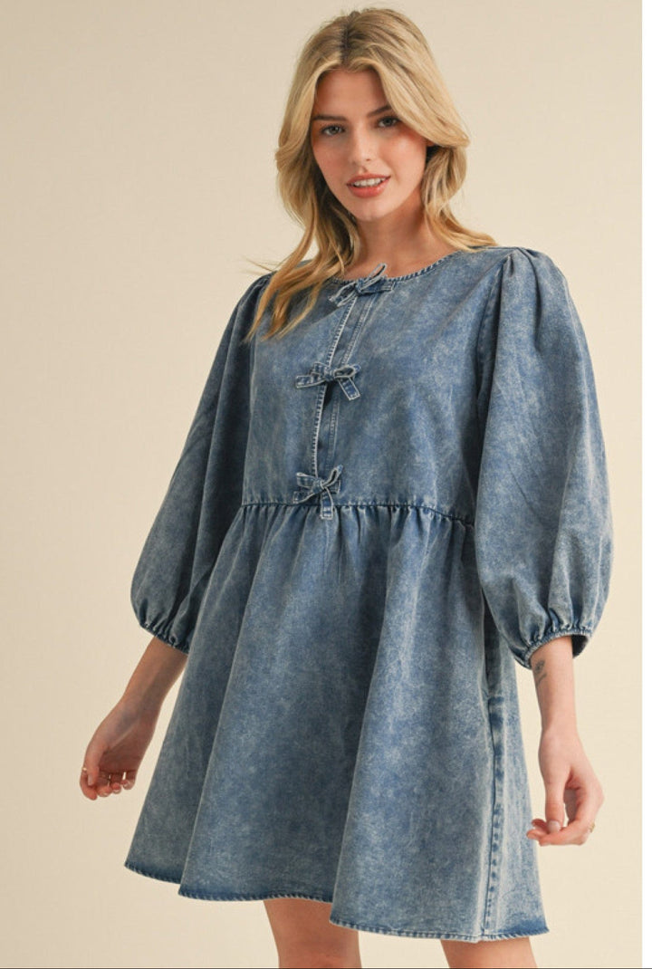 Jodifl Washed Denim Tie Bodice Three Quarter Bubble Sleeves Above Knee Dress