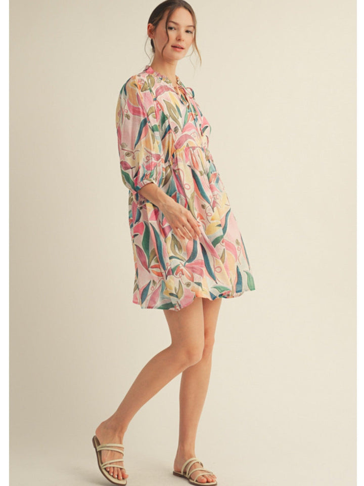 Jodifl Whimsy Floral Pattern Frilled Self Tie Neckline Babydoll Dress