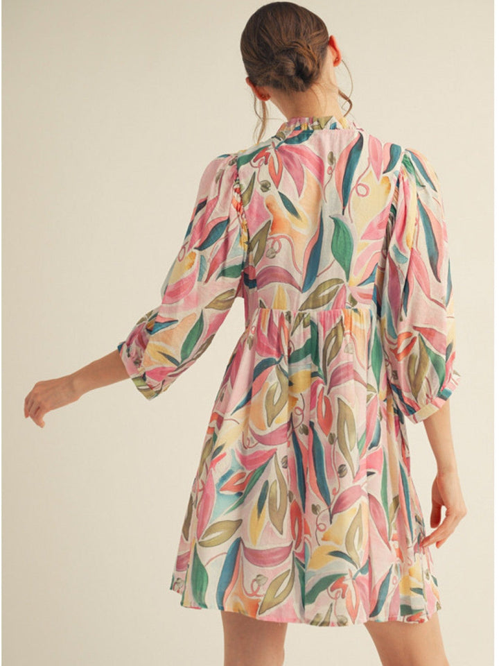 Jodifl Whimsy Floral Pattern Frilled Self Tie Neckline Babydoll Dress