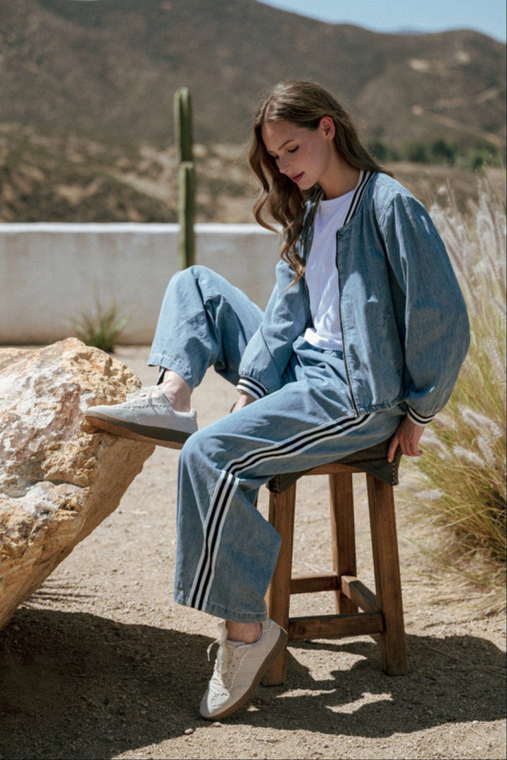 Jodifl Wide Leg Washed Denim Pants with Stripe Band Accent