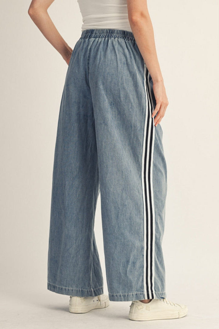 Jodifl Wide Leg Washed Denim Pants with Stripe Band Accent