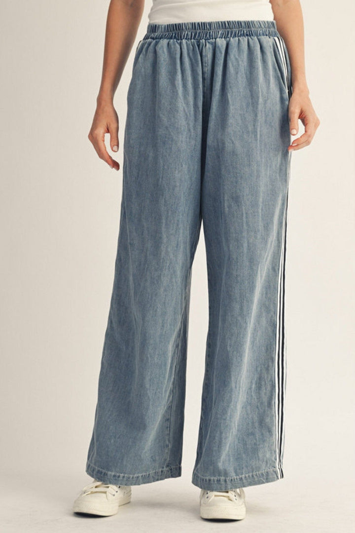 Jodifl Wide Leg Washed Denim Pants with Stripe Band Accent