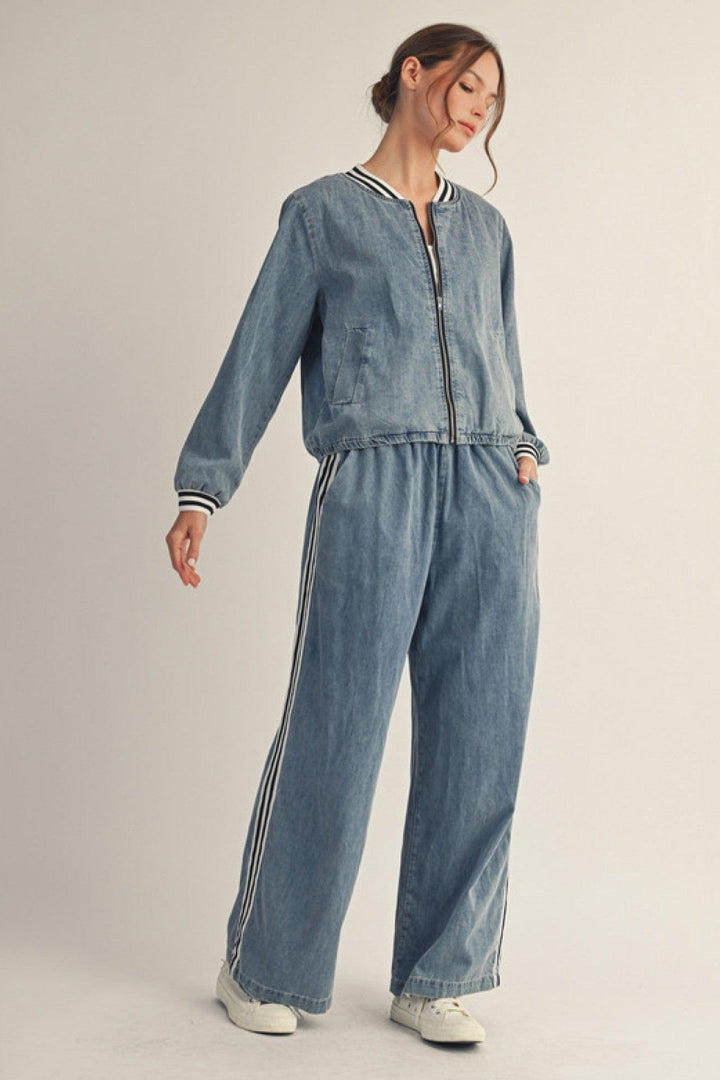 Jodifl Wide Leg Washed Denim Pants with Stripe Band Accent