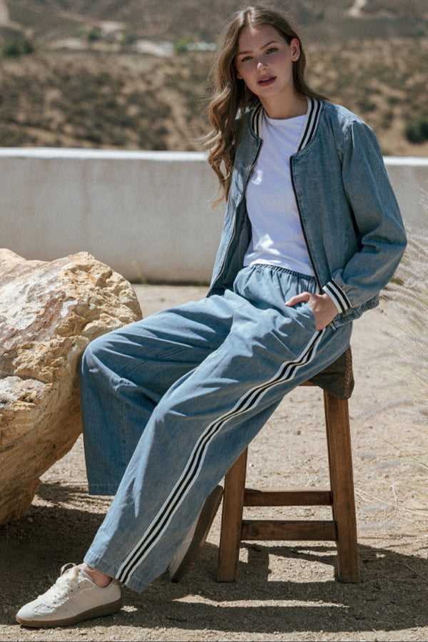 Jodifl Wide Leg Washed Denim Pants with Stripe Band Accent