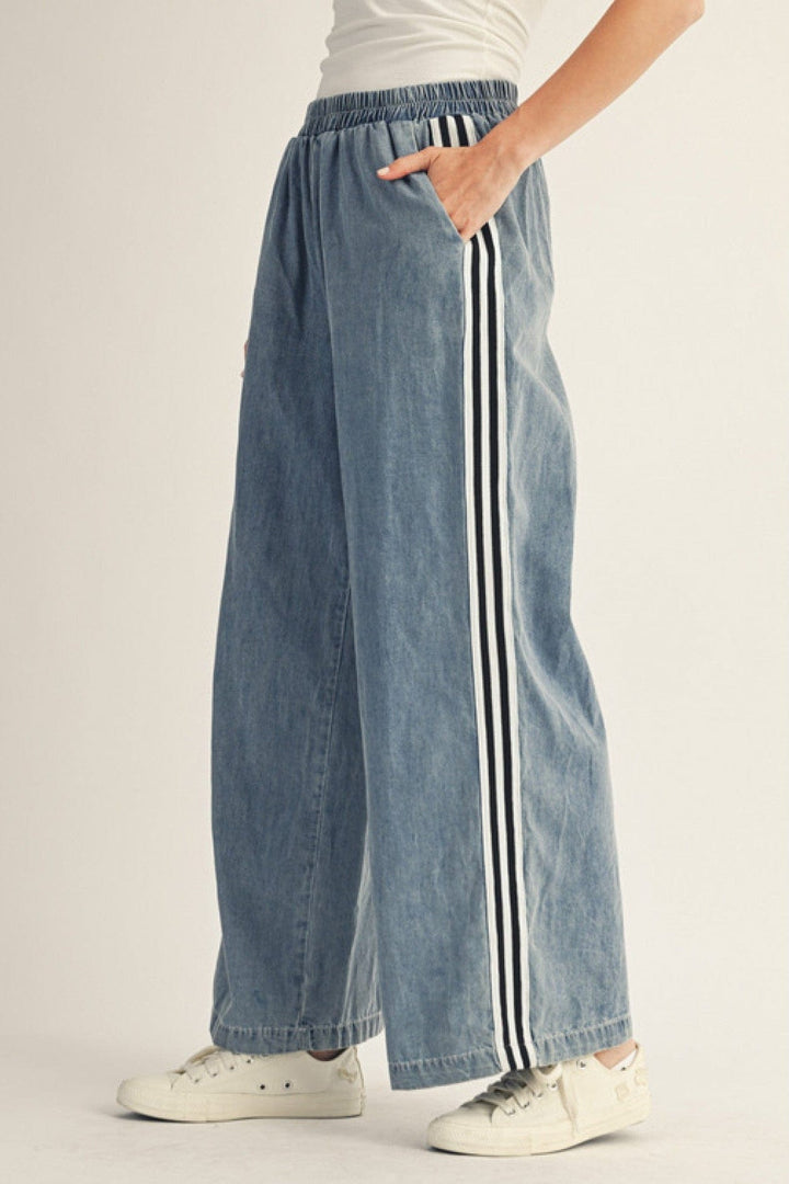 Jodifl Wide Leg Washed Denim Pants with Stripe Band Accent