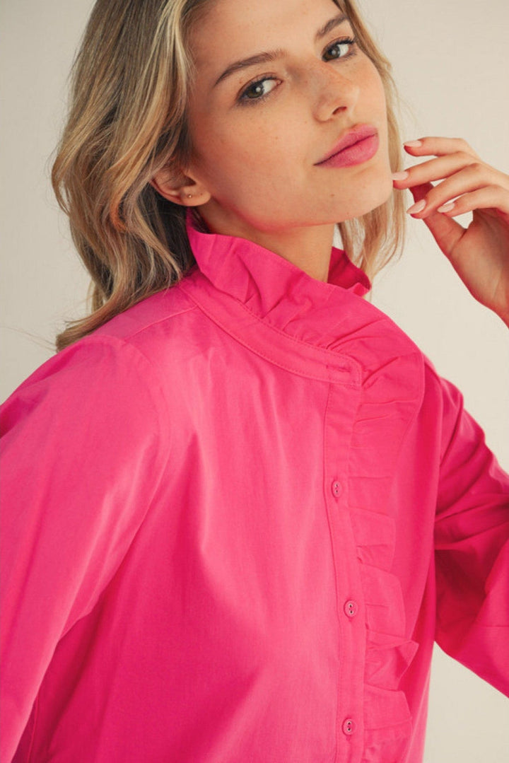 Jodifl Wrap Around Ruffle Neckline and Button Placket Top
