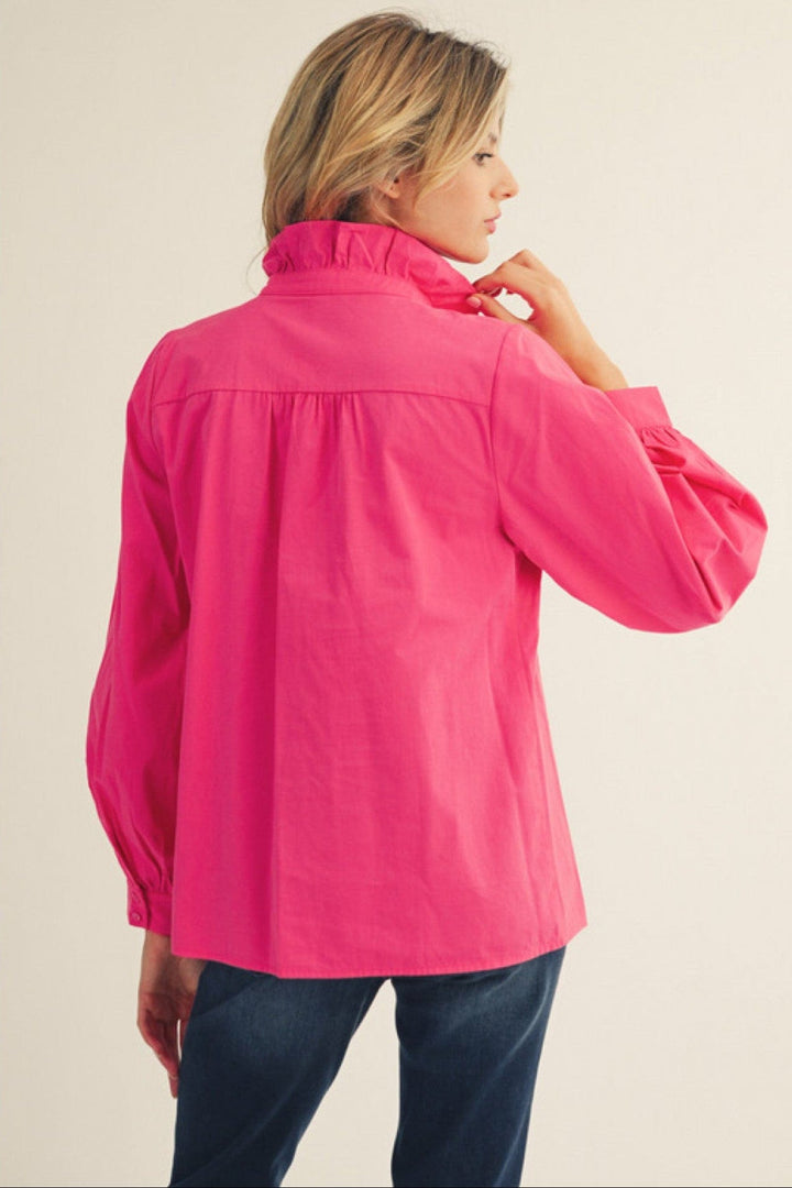 Jodifl Wrap Around Ruffle Neckline and Button Placket Top