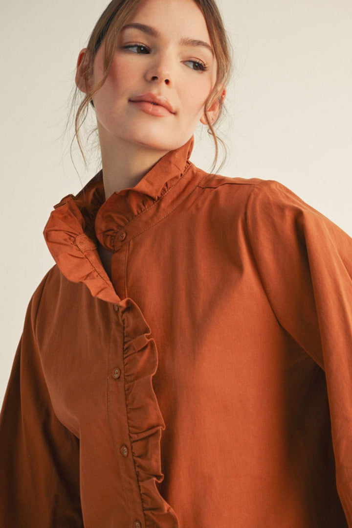 Jodifl Wrap Around Ruffle Neckline and Button Placket Top