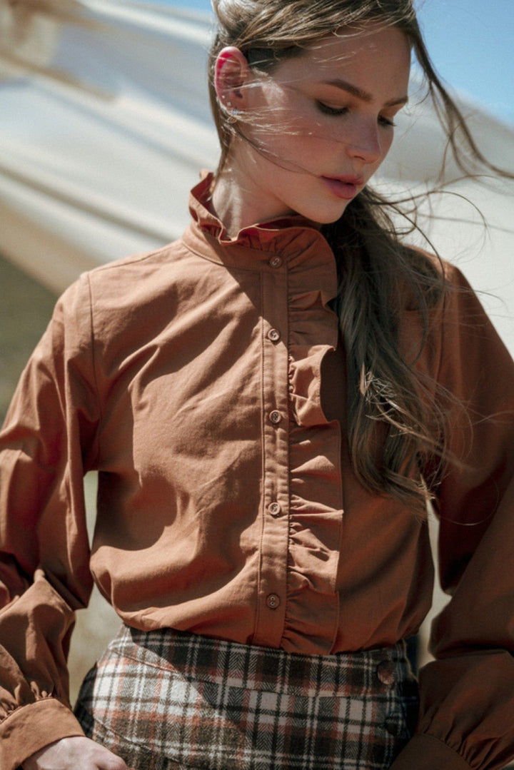 Jodifl Wrap Around Ruffle Neckline and Button Placket Top
