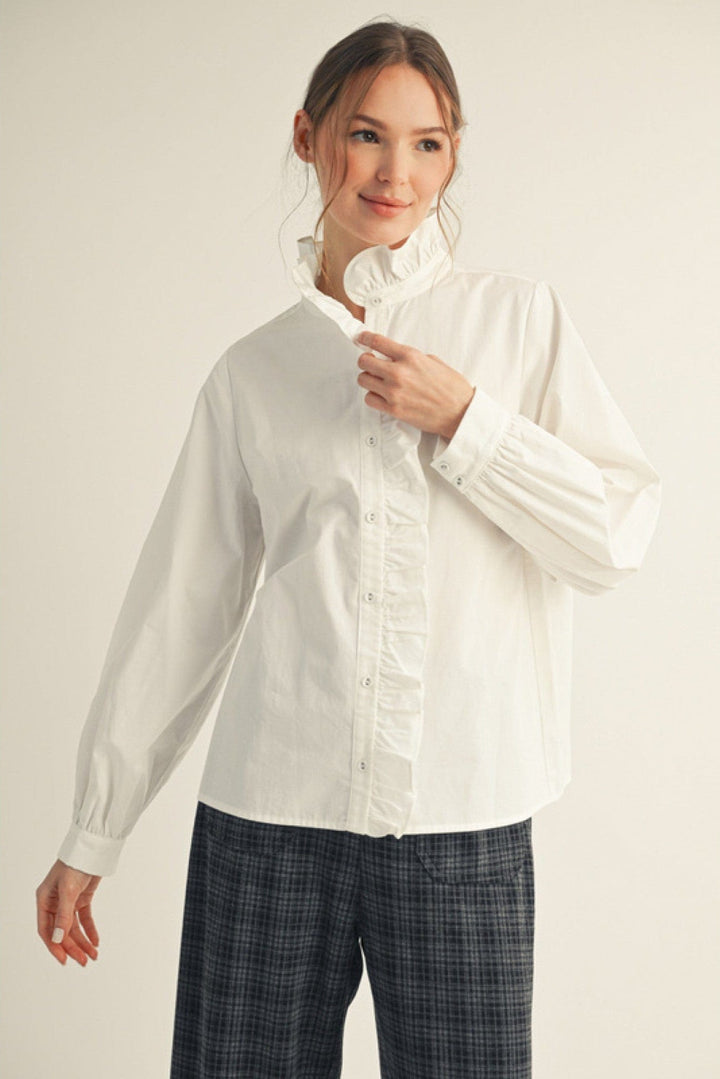Jodifl Wrap Around Ruffle Neckline and Button Placket Top