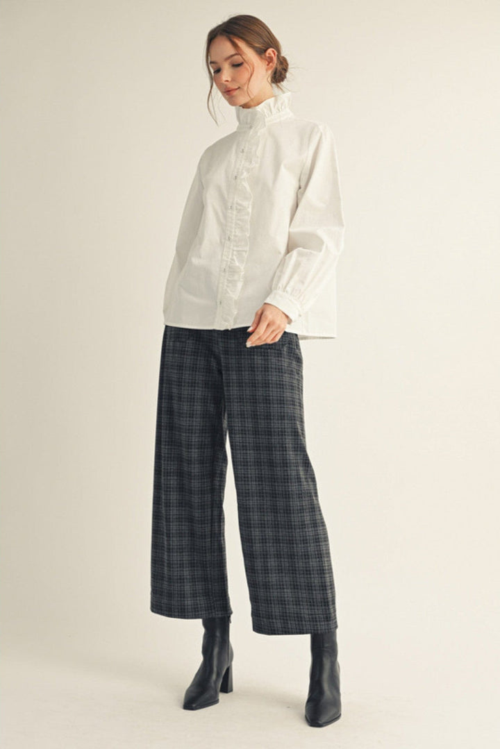 Jodifl Wrap Around Ruffle Neckline and Button Placket Top