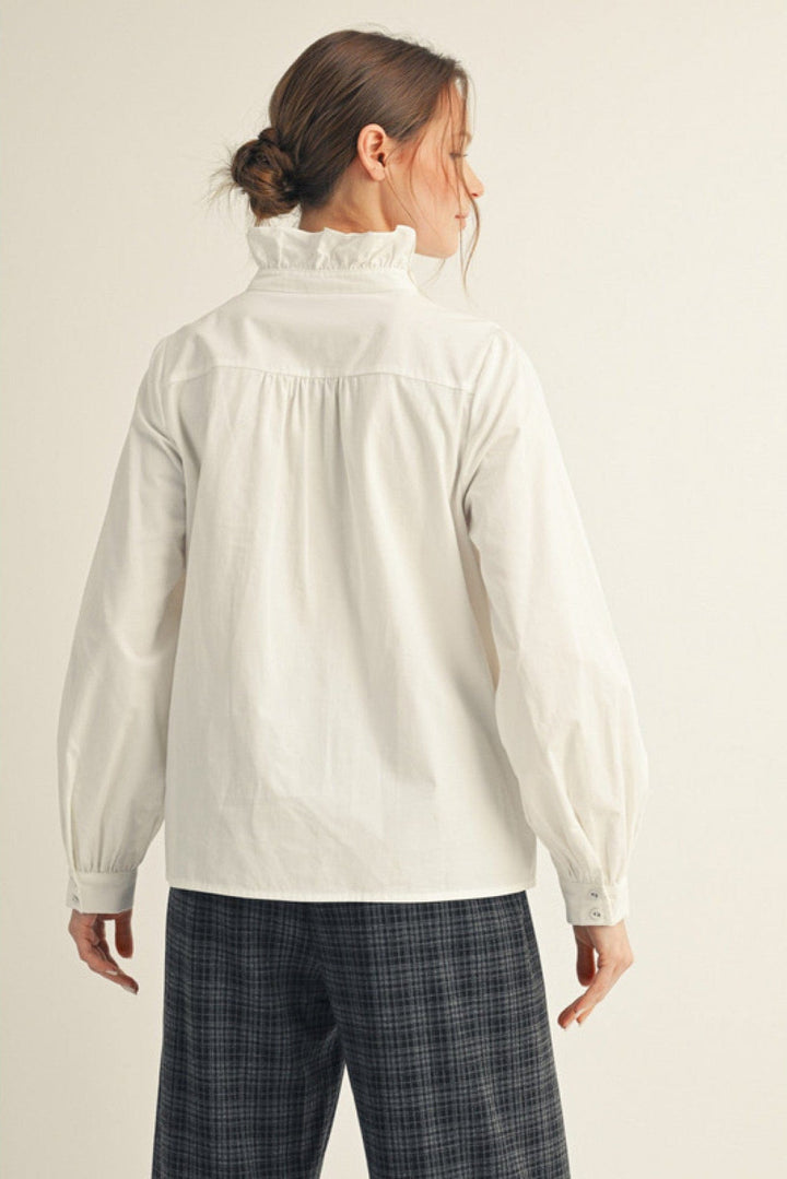 Jodifl Wrap Around Ruffle Neckline and Button Placket Top