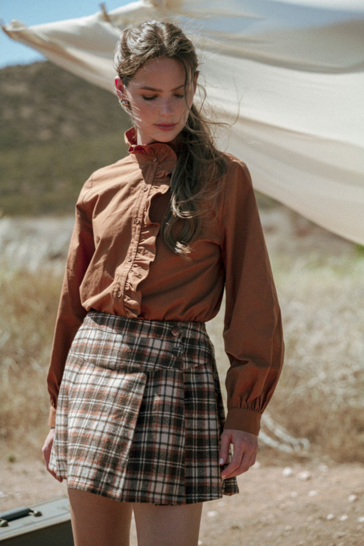 Jodifl Wrap Around Ruffle Neckline and Button Placket Top