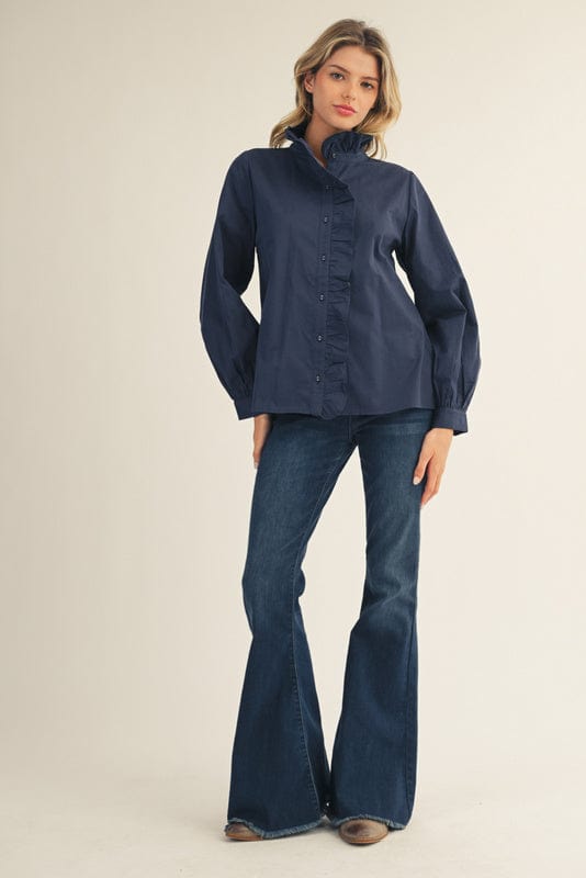 Jodifl Wrap Around Ruffle Neckline and Button Placket Top