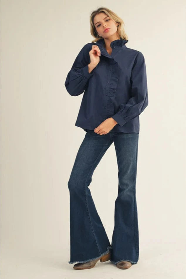Jodifl Wrap Around Ruffle Neckline and Button Placket Top