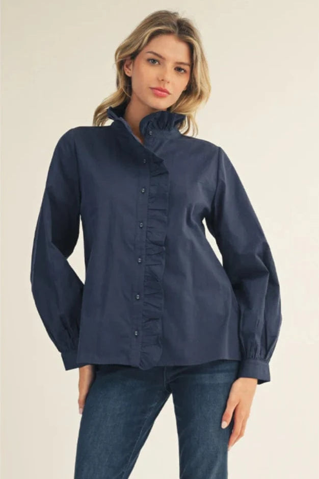 Jodifl Wrap Around Ruffle Neckline and Button Placket Top