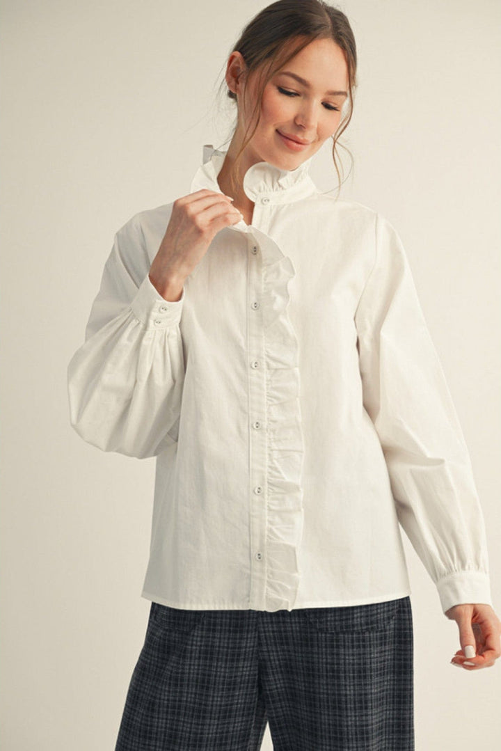 Jodifl Wrap Around Ruffle Neckline and Button Placket Top