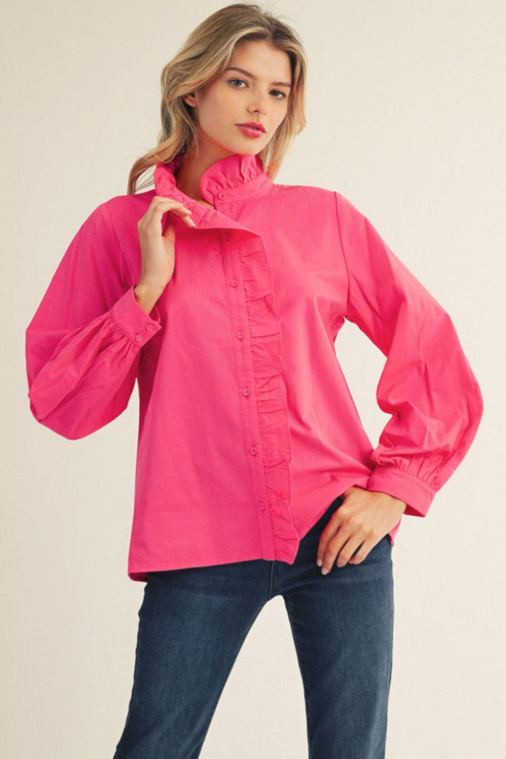 Jodifl Wrap Around Ruffle Neckline and Button Placket Top