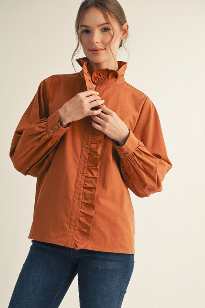 Jodifl Wrap Around Ruffle Neckline and Button Placket Top