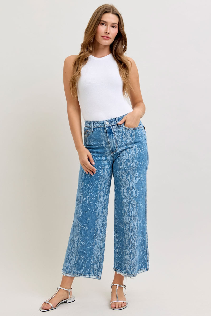 Judy Blue High Waist Ankle Wide Leg Snake Skin Print Denim Jeans