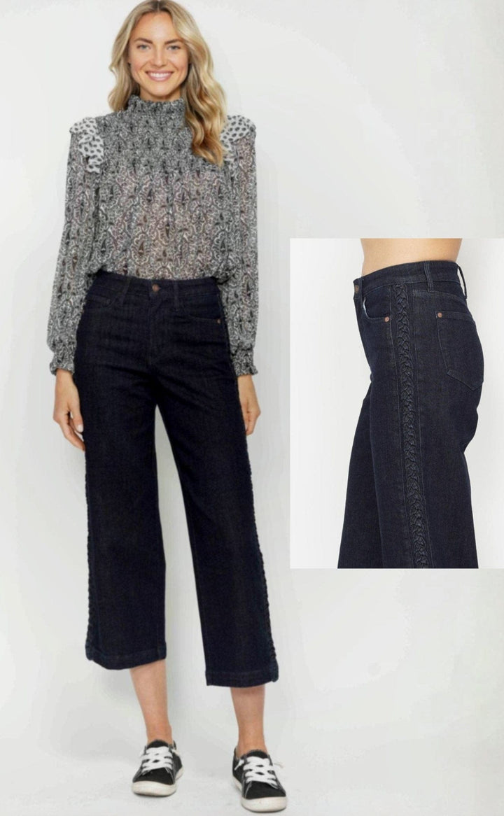 Judy Blue High Waist Braided Side Seam Braid Detail Cropped Wide Leg Jeans