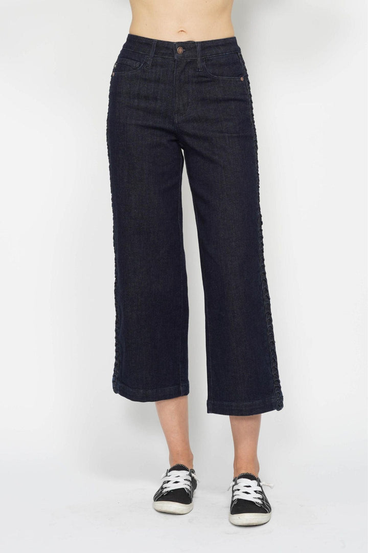 Judy Blue High Waist Braided Side Seam Braid Detail Cropped Wide Leg Jeans