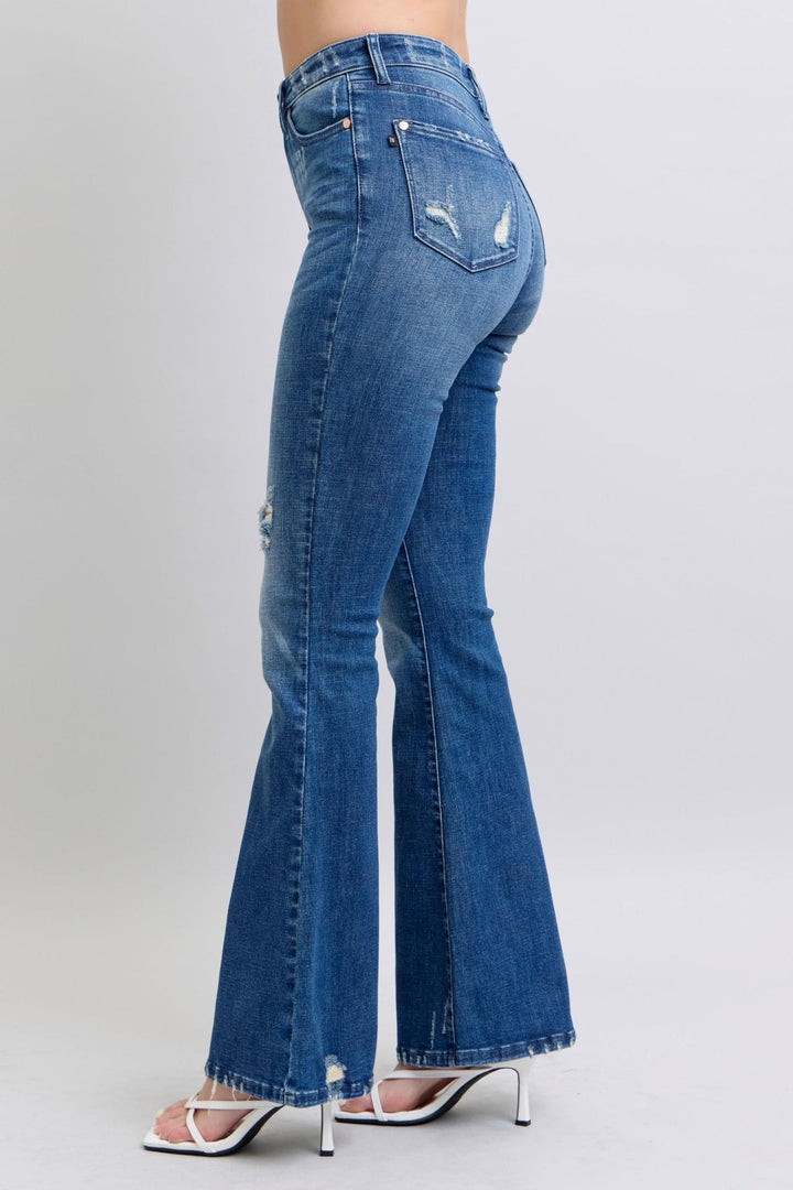 Judy Blue High Waist Contrast Wash Destroy Flare Leg Jeans