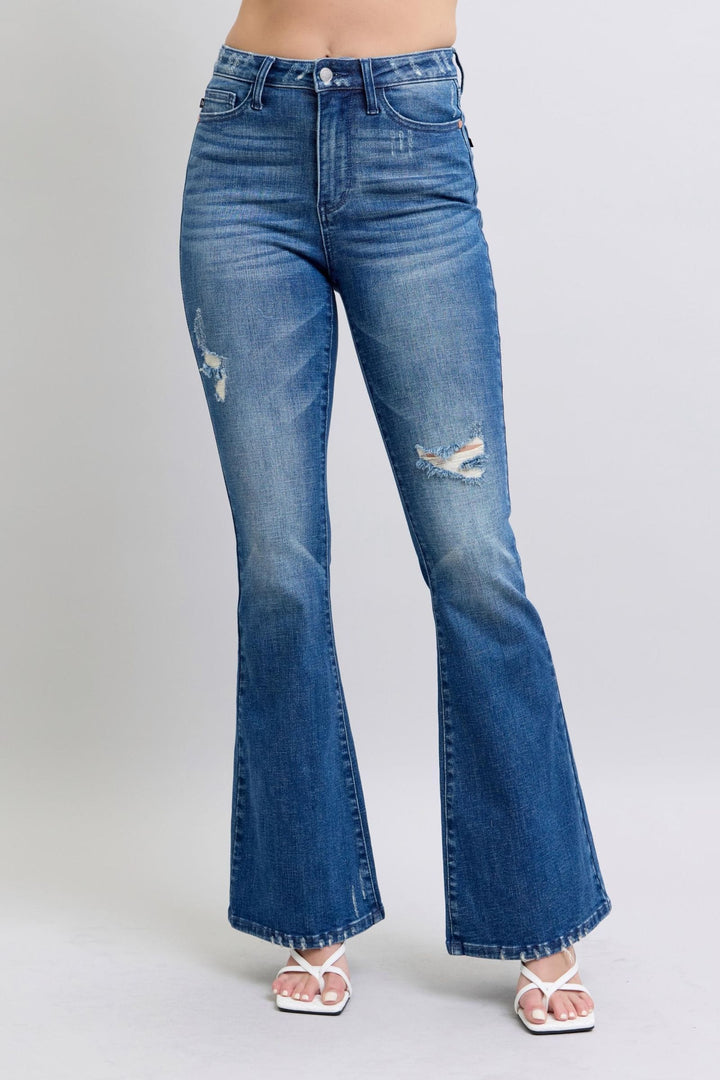 Judy Blue High Waist Contrast Wash Destroy Flare Leg Jeans