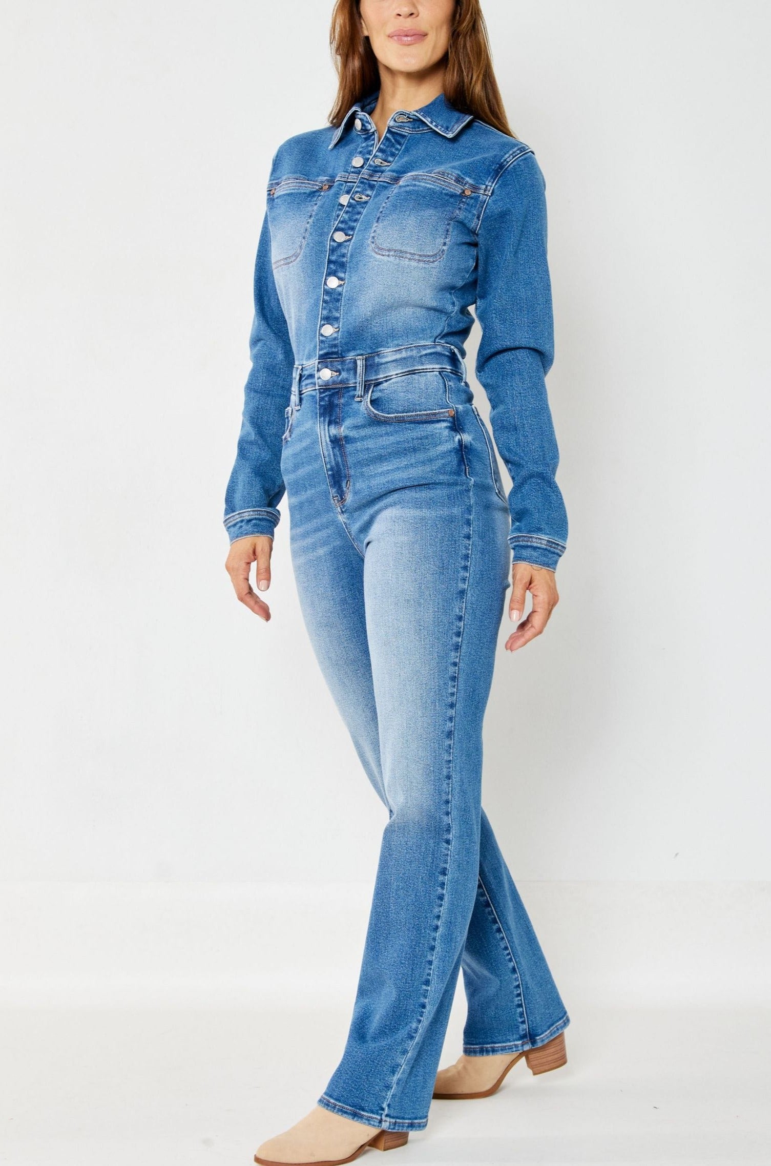 US$22.70-Starry Blue Womens Gradient Print Diagonal Neck Long Sleeve  Jumpsuit Wide Leg Pants-Description