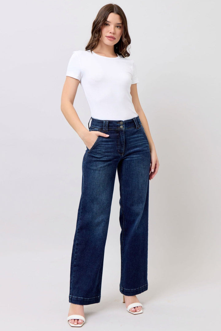 Judy Blue High Waist Double Belt Loop and Button Wide Leg Jeans