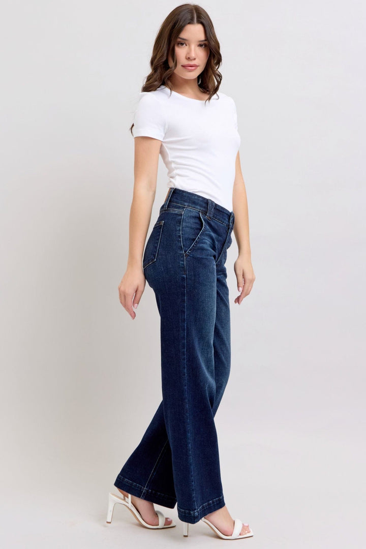 Judy Blue High Waist Double Belt Loop and Button Wide Leg Jeans